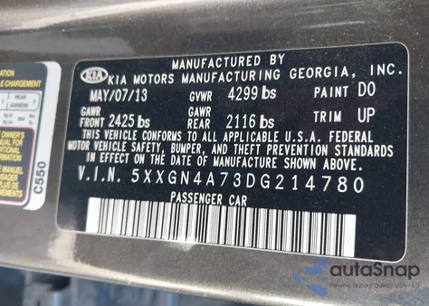 2013 Kia Optima Ex z USA, uszkodzony, nr VIN 5XXGN4A73DG214780